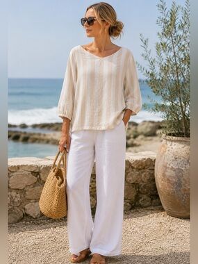 LOFT  Cream & White Striped Linen Blend Blouse – Coastal Cottagecore Size Large